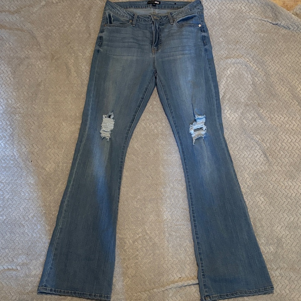 Fashion Nova Distressed Blue Flare Jeans